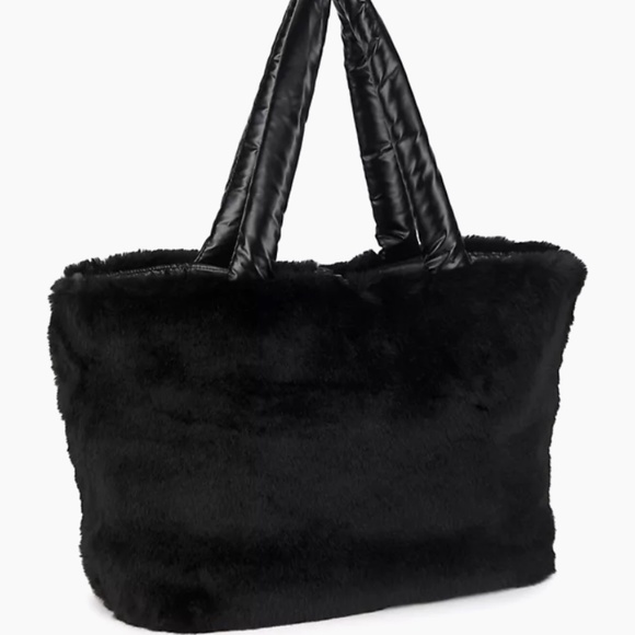 Think Rolyn Duplex Reversible Faux Fur Tote Travel Shoulder Work Gym Bag Black - Picture 4 of 9
